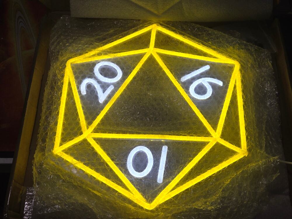 D20 Dice LED Neon Sign Yellow White USB Gaming Room Wall Decor New Open Box